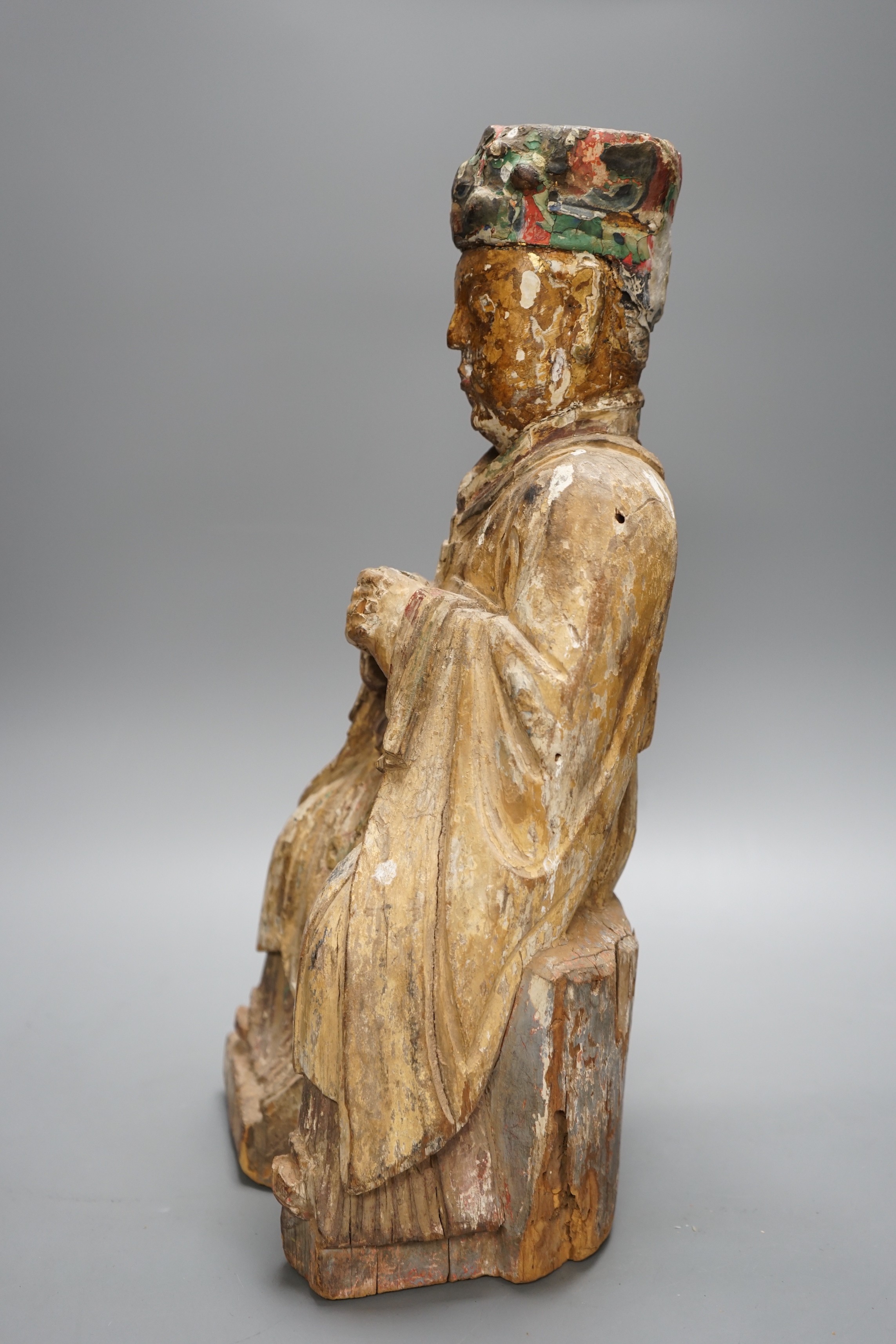 A large Chinese polychrome wood figure of the Jade Emperor, Qing dynasty